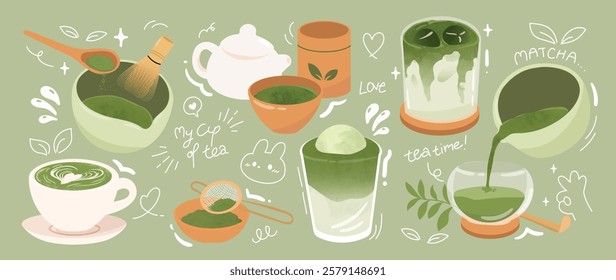 Green tea matcha element design with cute doodle decoration. Set of healthy beverage, matcha latte, whisk, kettl, matcha recipe. Vector illustration for logo, promotion, marketing, package, tutorial.