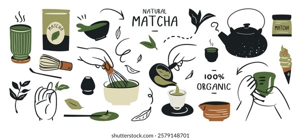 Green tea matcha element design with cute doodle decoration. Set of healthy beverage, matcha latte, whisk, kettle. Vector illustration for logo, promotion, marketing, package, ads.
