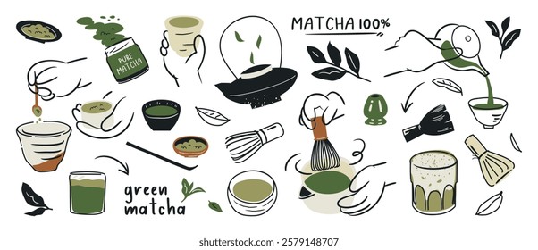 Green tea matcha element design with cute doodle decoration. Set of healthy beverage, matcha latte, whisk, kettle. Vector illustration for logo, promotion, marketing, package, ads.