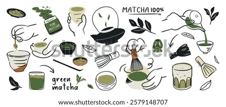 Green tea matcha element design with cute doodle decoration. Set of healthy beverage, matcha latte, whisk, kettle. Vector illustration for logo, promotion, marketing, package, ads.