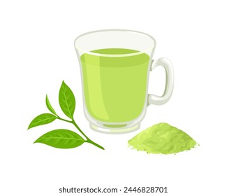 Green tea matcha in glass cup. Vector cartoon flat illustration of green tea leaf, powder and drink.