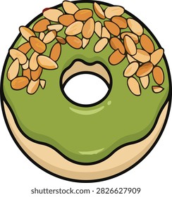 Green tea matcha glazed donut with chopped nuts vector illustration