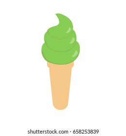 Green tea matcha ice cream in cone on white background