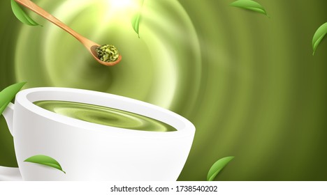 Green tea matcha latte cup with copyspace. with Japanese kanji words matcha. Vector illustration