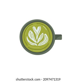 Green Tea Matcha latte foam with milk Cup, Traditional japanese beverage, healthy drink. Green liquid in cups. Flat vector illustration isolated on white background, top view. Cappuccino drink
