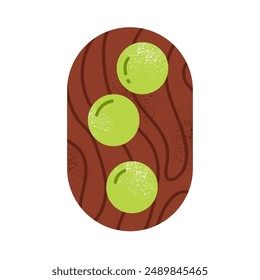 Green tea matcha mochi ice cream on wooden board. Traditional Japanese sweet dessert. Asian rice cake. Healthy, organic sweets. Popular spring dessert. Isolated vector illustration in cartoon style