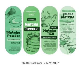 Green tea matcha powder organic antioxidant drink label design template set engraving vector illustration. Detox ceremony beverage botanical vegan herbal support digestive health product pack emblem