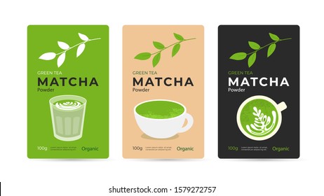 Green tea matcha powder packaging design concept. Set of vector illustrations of healthy organic beverage, сup and glass of drink matcha latte. Branches of tea plant with leaves. Mockup for pack, ad.