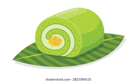 Green tea matcha roll cake slice on leaf for menu illustration