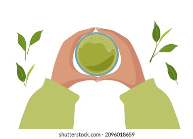 Green tea matcha. Two hands holding cup of traditional Japanese drink. Flat lay vector illustration. Template of banner, poster for coffee shop, restaurant. Proper nutrition and a healthy lifestyle.