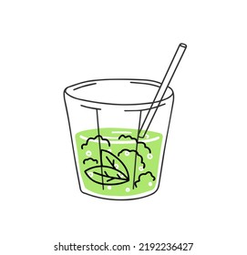 Green tea mate or mojito. Summer refreshing drink. Cocktail in glass. Trendy outline cartoon isolated on white