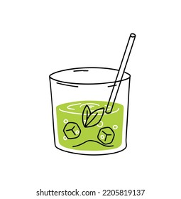 Green tea mate or mojito. Summer refreshing drink. Cocktail in glass. Trendy outline cartoon isolated on white