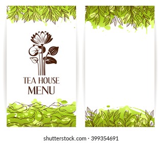 Green tea menu template. Lotus flower logo. Vector banner collection.