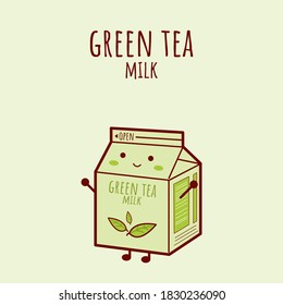Green tea milk character. Cute style milk carton character. Green tea flavored drink. Sweet green tea.