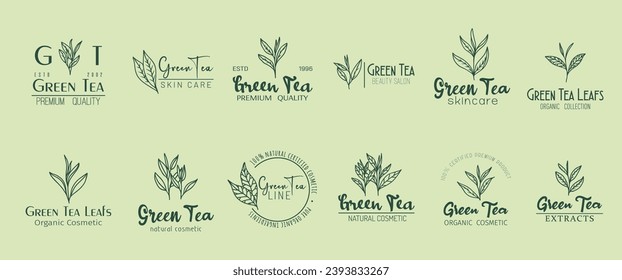 Green tea minimal emblem, natural organic cosmetics. Vector set of serene, leafy labels embodying purity and essence of nature, enhancing the allure of eco-friendly beauty skincare product or extracts