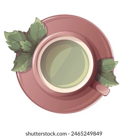 Green tea with mint in cup.  Peppermint tea. Illustration for tea shop, cafe, bar, party, tea ceremony, food concept. Vector illustration for  menu, poster, website, banner, flyer, cover