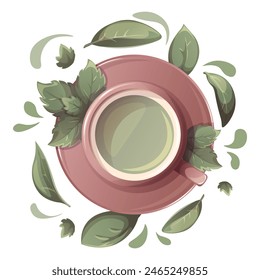 Green tea with mint in cup.  Peppermint tea. Illustration for tea shop, cafe, bar, party, tea ceremony, food concept. Vector illustration for  menu, poster, website, banner, flyer, cover