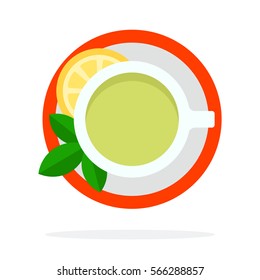 Green Tea with mint and lemon top view vector flat material design object. Isolated illustration on white background.