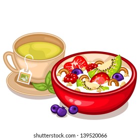 Green tea and muesli with fresh fruits