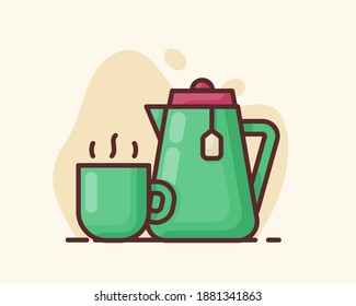 green tea in mug cup smoke hot iron kettle with flat style