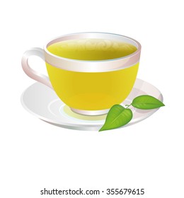 A ?up of green tea on a plate with a tea leaf. Vector tea isolated on white background.