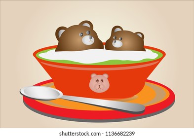 green tea in orange cup with white cream, chocolate Bear, vector illustration, cartoon