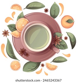 Grüner Tee mit orangefarbenen Früchten in Tasse mit Sternanis. Illustration für Teestube, Café, Bar, Party, Teezeremonie, Essenskonzept. Vektorillustration für Speisekarte, Poster, Website, Banner, Flyer, Cover