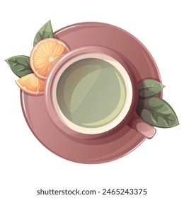 Green tea with orange fruit in cup. Fruit tea. Illustration for tea shop, cafe, bar, party, tea ceremony, food concept. Vector illustration for  menu, poster, website, banner, flyer, cover