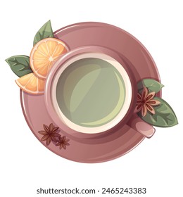 Grüner Tee mit orangefarbenen Früchten in Tasse mit Sternanis. Illustration für Teestube, Café, Bar, Party, Teezeremonie, Essenskonzept. Vektorillustration für Speisekarte, Poster, Website, Banner, Flyer, Cover