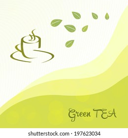 Green tea original poster for all restaurant and cafe modern label with cup and leafs background