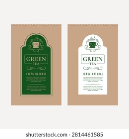 Green tea packaging design template with natural paper bag and leaf label