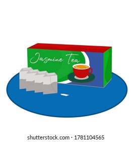 Caja de papel de té verde y paquete de bolsitas de té conjunto de simulación de diseño vectorial