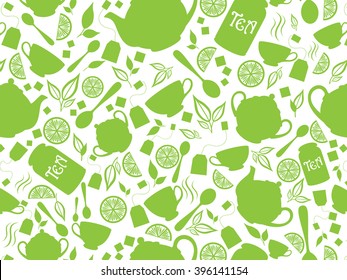 Green tea pattern. Vector illustration with tea leaves, teapot, cup, lemon. Endless texture can be used for package design, menu, printing onto fabric and paper or scrap booking.