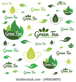 Green tea patterns with various shapes and writings, and fresh, bright, modern, unique colors.