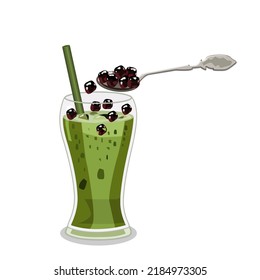 Green tea pearls in a clear glass with a tube inserted on top.The pearls in the spoon are pouring into the glass.Isolated vector illustration on a white background.