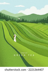 Green tea plantation landscape  Rural farmland fields  Terraced farmer  hills and greenery   mountain horizon  agriculture background  Simple graphic  Trendy flat design  Vector illustration 