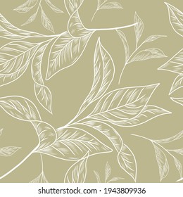 Green tea plants on the seamless pattern, hand drawn elements of green tea plant, green color pattern