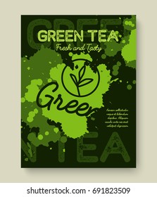 Green tea poster or banner typography design. Creative illustration with liquid tea splashes for breakfast menu, vitamin shop, other