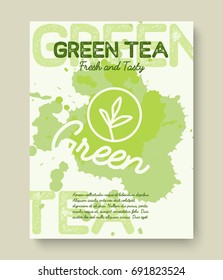 Green tea poster or banner typography design. Creative illustration with liquid tea splashes for breakfast menu, vitamin shop, other