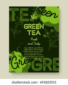 Green tea poster or banner typography design. Creative illustration with liquid tea splashes for breakfast menu, vitamin shop, other