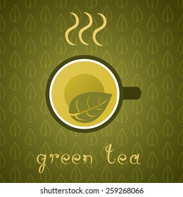 Green tea poster. Food placard with overhead view of cup with healthy hot green tea. Ornate background. Hand drawn text. Vector file is EPS10.