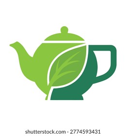 A green tea pot with a leaf design on a white background, symbolizing healthy drinking and nature