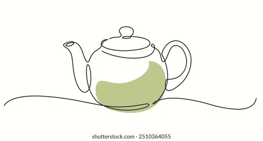 Green Tea pot one line drawing. Green Tea pot single line illustration. Green Tea pot minimalist line art