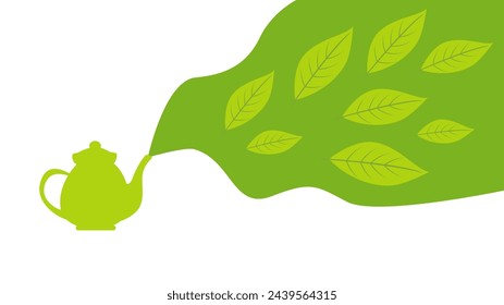 Olla de té verde con vapor de matcha aromático, mate, oolong, hojas de té verde. Ilustración vectorial plana. Matcha té verde concepto de fondo.	
