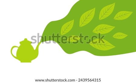 Green tea pot with steam of aromatic matcha, mate, oolong, green tea leaves. Flat vector illustration. Matcha tea green background concept.	

