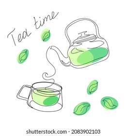 Green tea is poured from the teapot into the cup. Line art illustration with green abstract spots and lettering Tea time. 