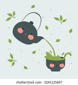 Green tea is poured from a teapot into a cup. Kettle and Matcha drink tea. Asian Japanese and Chinese drinking. Stock vector illustration.