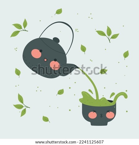 Green tea is poured from a teapot into a cup. Kettle and Matcha drink tea. Asian Japanese and Chinese drinking. Stock vector illustration.