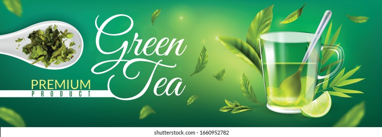 Green tea premium  horizontal poster with glass of aroma drink and slice of lemon vector illustration