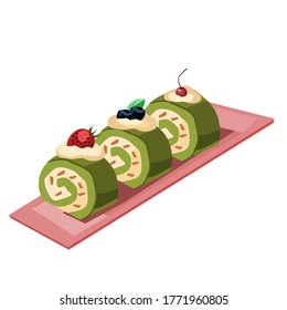 Green tea roll cake in a red plate.Vector illustration isolated on a white background.